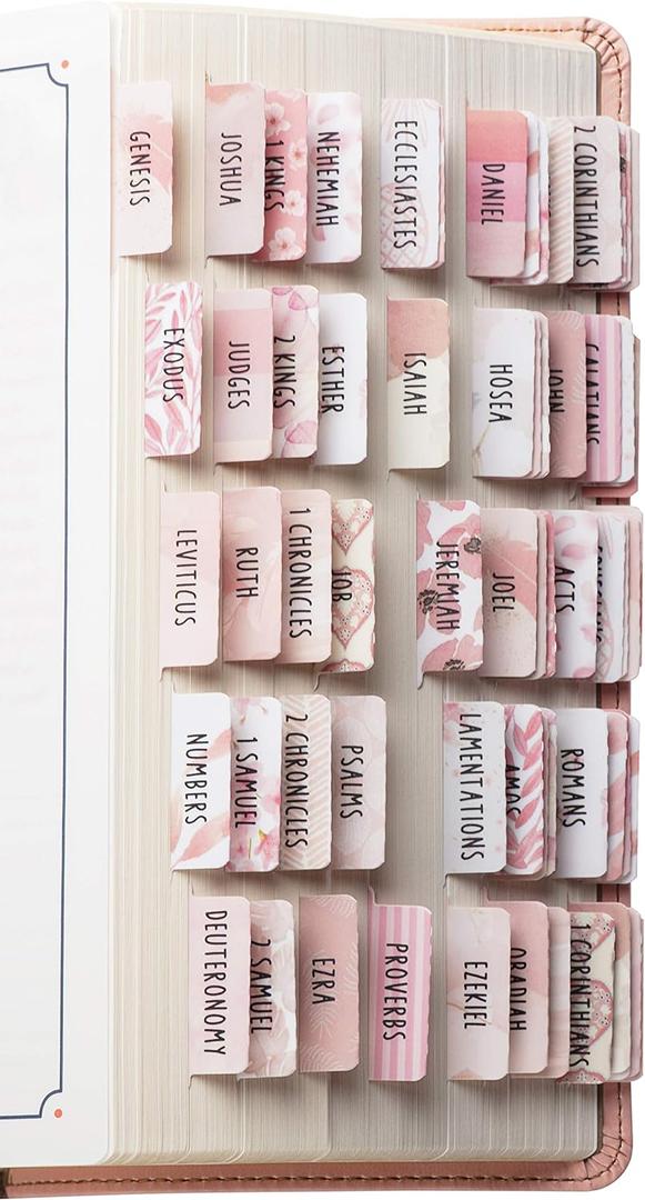 DiverseBee Laminated Bible Tabs for Women (Large Print, Easy to Read), Colorful Bible Journaling Book Tabs, Christian Gift, 66 Bible Tabs Old and New Testament, Includes 11 Blank Tabs - Rose Theme