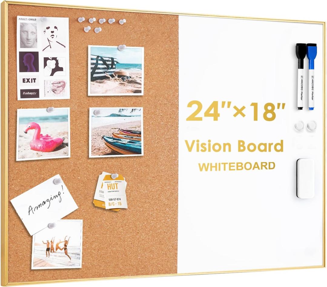 ARCOBIS Cork Board White Board Combo, 24 x 18 Inch Bulletin Board-Gold Frame, Magnetic Dry Erase Board & Corkboard for Wall, Vision Board for Home, Office, School