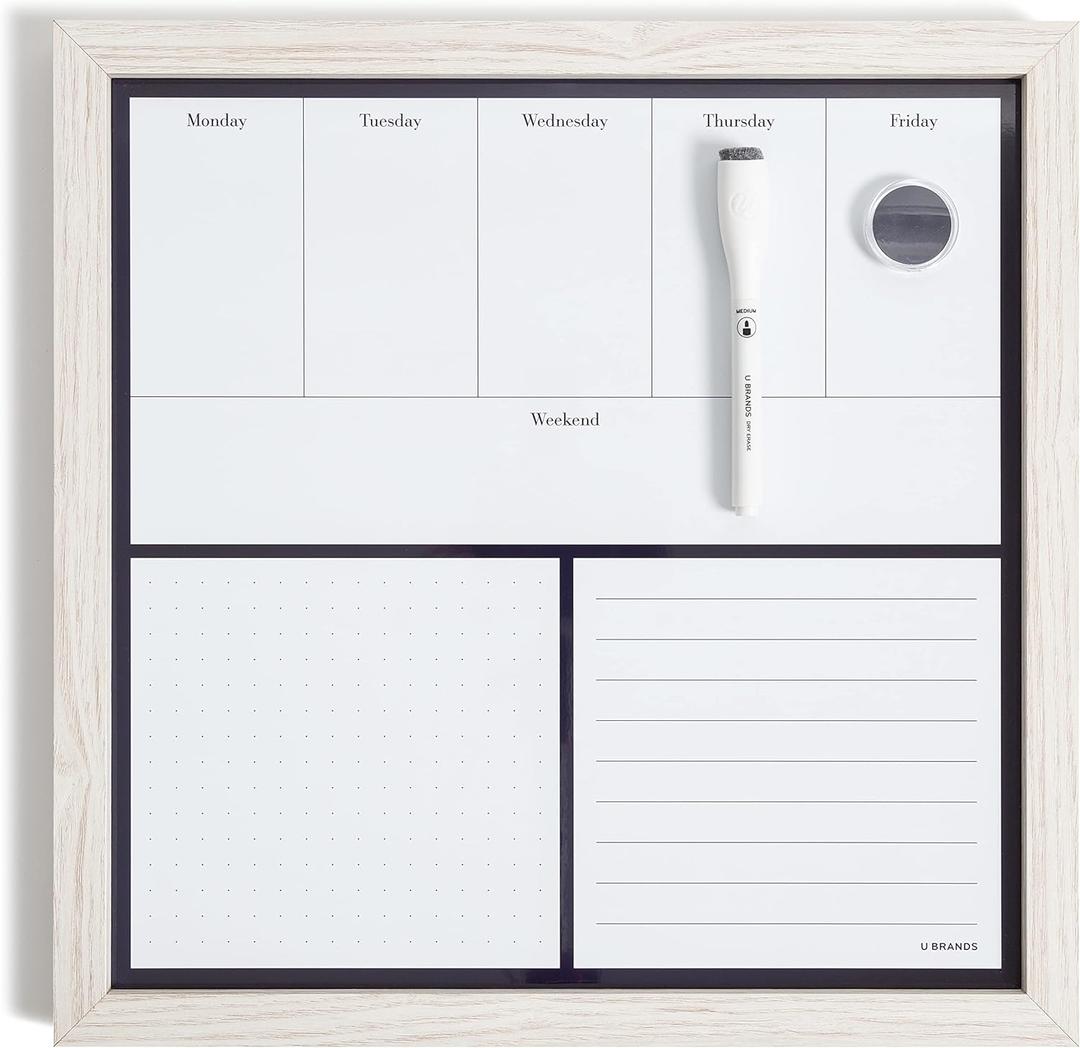 U Brands Rustic Weekly Dry Erase Board with White Wooden Frame, Office Supplies, 14 x 14