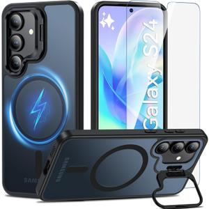 Fin2feel for Samsung Galaxy S24/S25 Case 6.2inch, with Tempered Glass Screen Protector, Magnetic [with Camera Stand Guard] Shockproof Translucent Matte Protective Case for Samsung S24/S25 (Black)