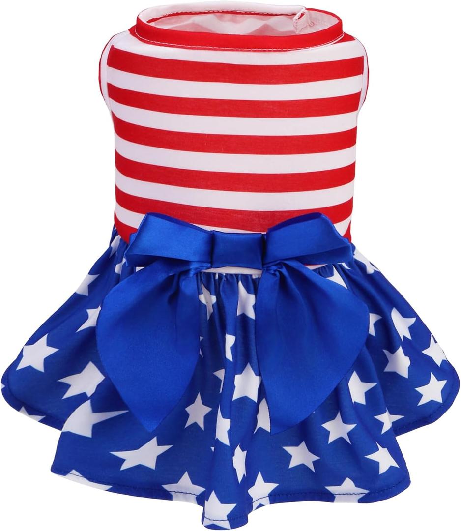 PUPTECK Print Dog Dress Pet Apparel for 4th of July with Cute Bowtie Puppy Clothes Outfit, USA Flag Indepandence Day Stars and Stripes Patriotic, Flag, S