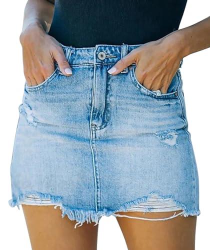 GOBLES Women's Sexy Mid Waist Zipper Closure Frayed Raw Hem Ripped Mini Denim Skirts Blue, Medium