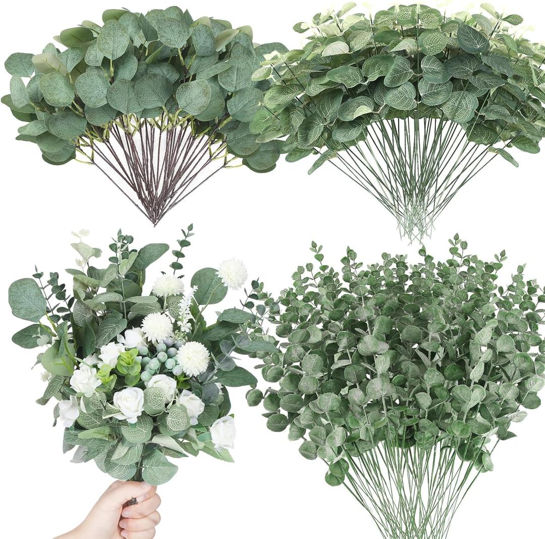 Giegxin 90 Pcs 3 Kinds Mixed Artificial Eucalyptus Leaves Stems Bulk Silver Dollar Leaves Picks Dried Eucalyptus Bundle Faux Spray for Wedding Vase Bouquet Floral Arrangement (Green)