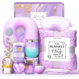 LUCOTIYA Birthday Gifts for Women, Self Care Get Well Soon Gifts, Lavender Relaxing Spa Gift Basket Care Package w/Blanket Unique Valentine Idea for Her,Mom, Friends (Purple)
