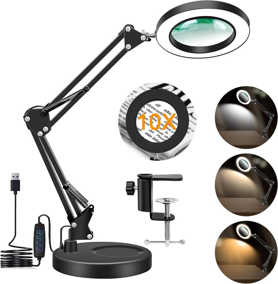 10X Magnifying Glass with Light and Stand, Magnifier with Light Hands Free, 3 Color Modes 10 Level Dimmable, Magnifying Real Glass LED Desk Lamp for Close Work, Repair, Reading, Craft, Black