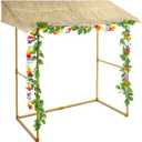 Jexine Tiki Bar Hut Tropical Tabletop Hut with 2 Pcs Decorative Artificial Monstera Tropical Garland Fake Tropical Jungle Hanging Plants for Summer Hawaiian Luau Beach Pool Party Decorations