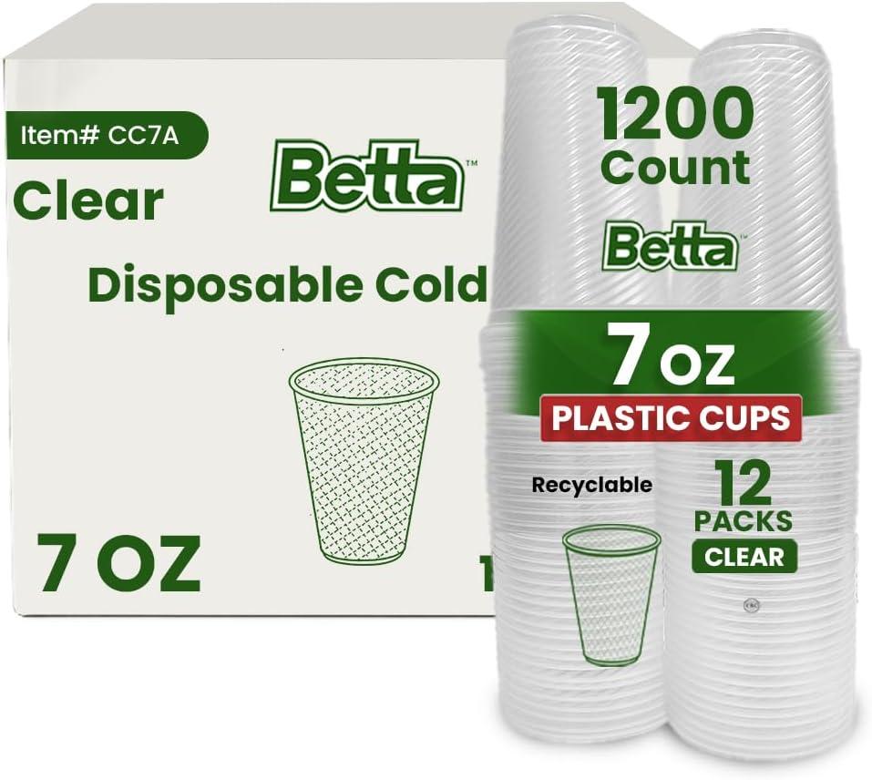 Betta 7-oz Disposable Plastic Drinking Cups, Clear, 1200 Count, Bulk Case for Schools, Offices, Breakrooms and Cafeteria (12 Pack Per Box x100)