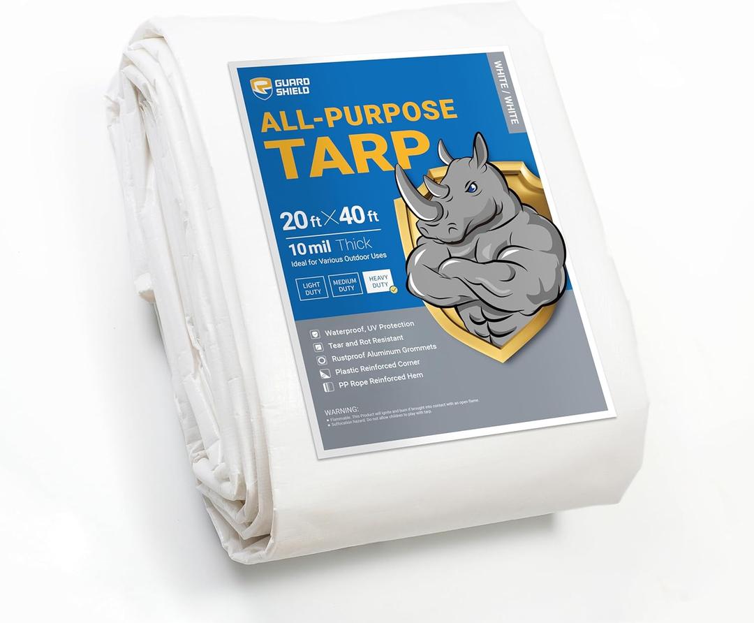 GUARD SHIELD Heavy Duty Tarp 20x40 Feet White Multi Purpose Thick Waterproof Poly Tarp Cover 10mil