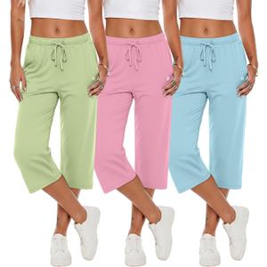 Neer 3 Pack Women's Capri Pants, Wide Leg Basic Sweatpants Lounge Loose Fit Casual Drawstring Yoga Capris with Pockets (XX-Large, Baby Blue, Light Pink, Fruit Green)