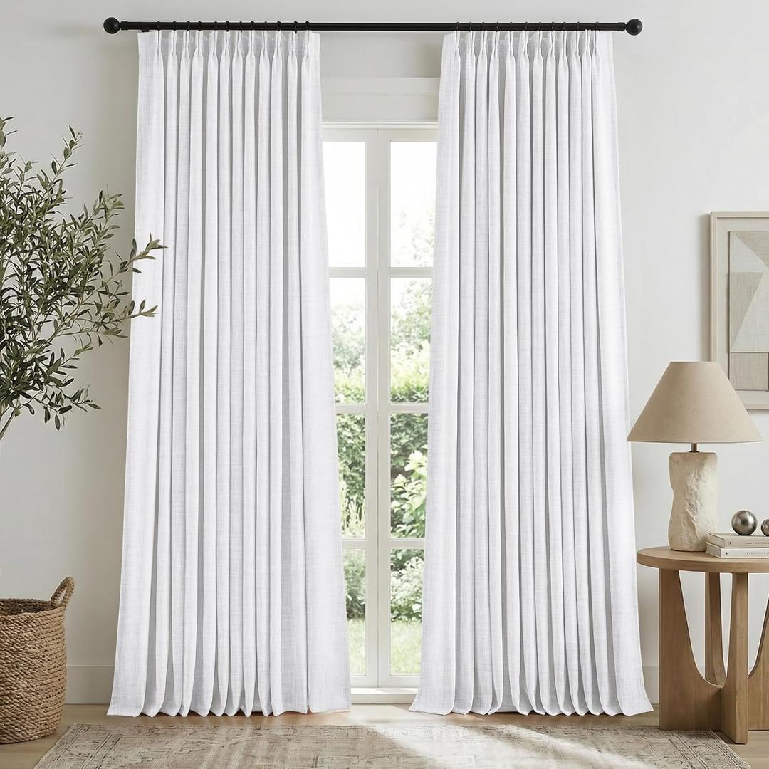 HOMEIDEAS Snow White Pinch Pleated Curtains 100% Blackout,Linen Blend Luxury Thermal Insulated with Adjustable Hooks, for Living Room Bedroom Modern Farmhouse Decor, 40" Wx84 L 2 Panels, Snow White 
