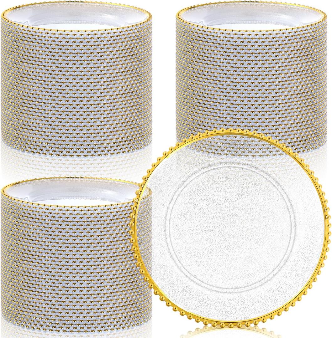 Hoolerry 100 Pack Clear Charger Plates Bulk 13 Inch Acrylic Round Dinner Charger Plates Beaded Frosted Grain Dinner Decorative Dishes for Wedding Party Events Home Kitchen Tabletop(Gold,Beads), approx. 13 inch