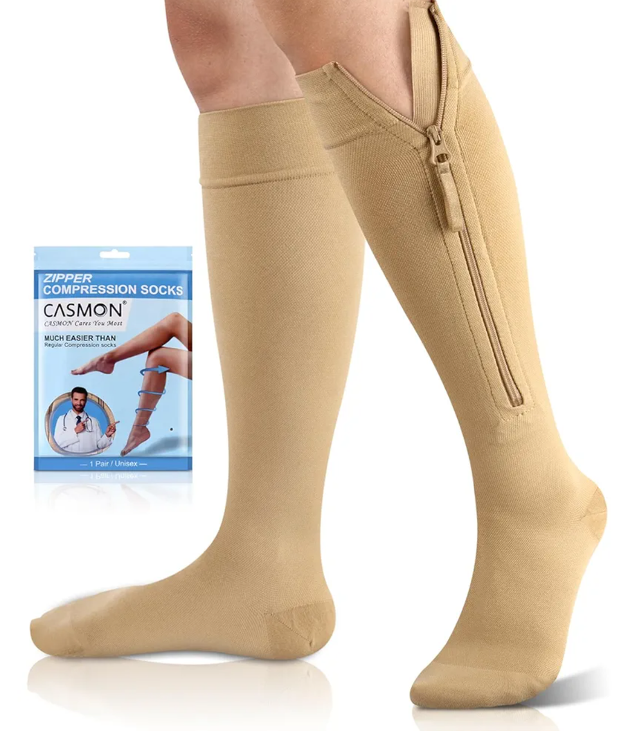 CASMON 15-20mmHg Zipper Compression Socks for Women and Men, Knee High Compression Stockings, Medical Closed Toe Support Socks for Varicose Veins, Post-Surgery, Swelling, Nurses, Pregnancy (2 Pair) Size L, XL