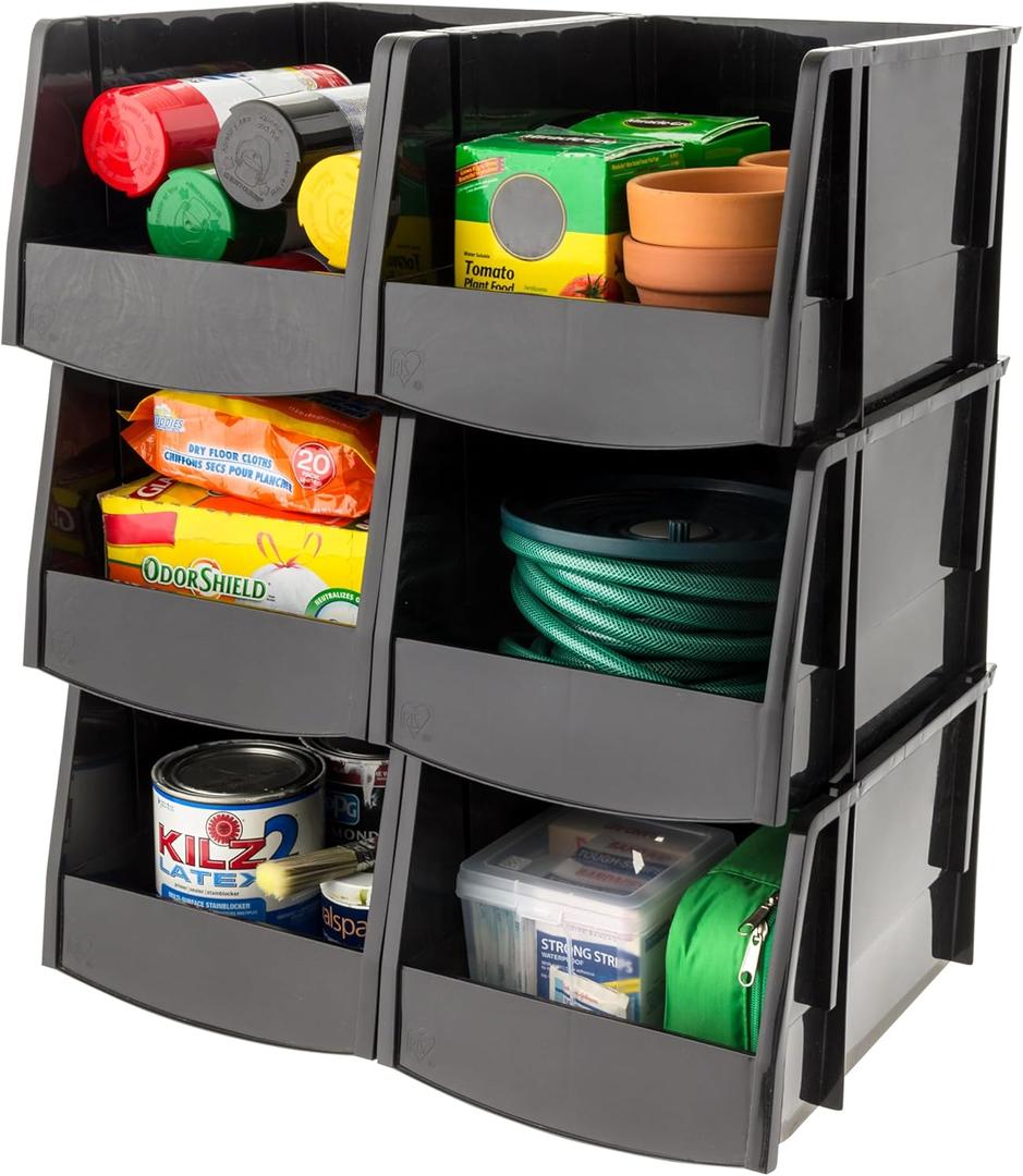 IRIS USA Extra Large Stackable Storage Bins, 6-Pack, 13"L x 10"W x 8"H, |Made in USA|, Plastic Open Front Shelf Bin for Organizing Parts, Hardware, Tools, Supplies, Garage Shelf, Pantry - Black
