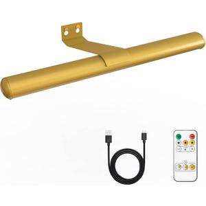 Gold Wireless Led Picture Light with Remote Control - Rechargeable Battery, Metal Art Display Accent Light, 300LM, Dimmable for Gallery, Dartboard (13inch)