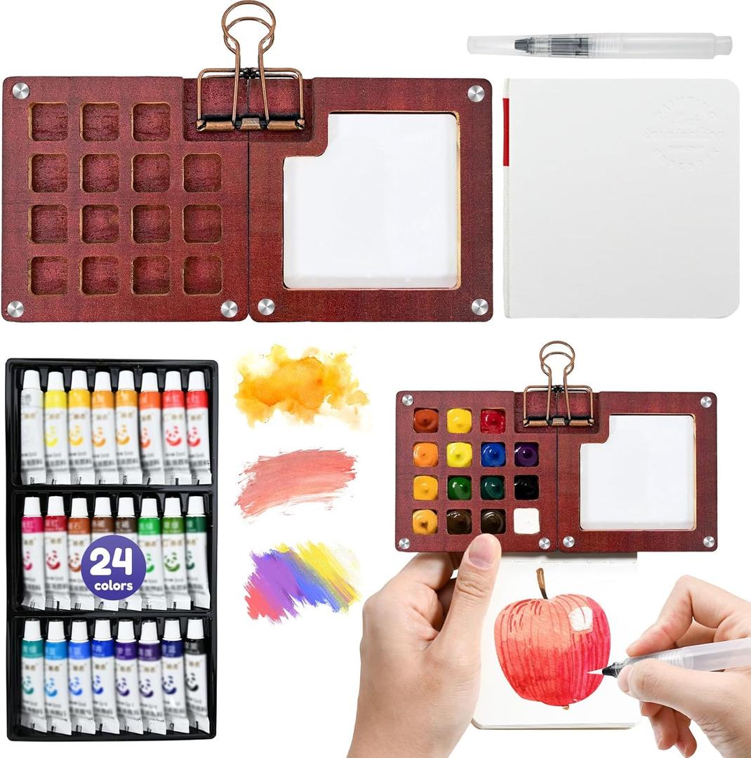 Mini Watercolor Travel Set  24 color Paints, 15 Grids Portable Wooden Travel Palette, Brush, Sketchbook, Metal Clip  Perfect for Artists, Students Ideal for Outdoor Sketching
