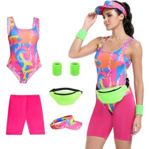 80s Womens Workout Costume,Adult 80s Outfit, Swimwear Suit for Halloween Cosplay, Couples Costume Set (Medium, Pink)