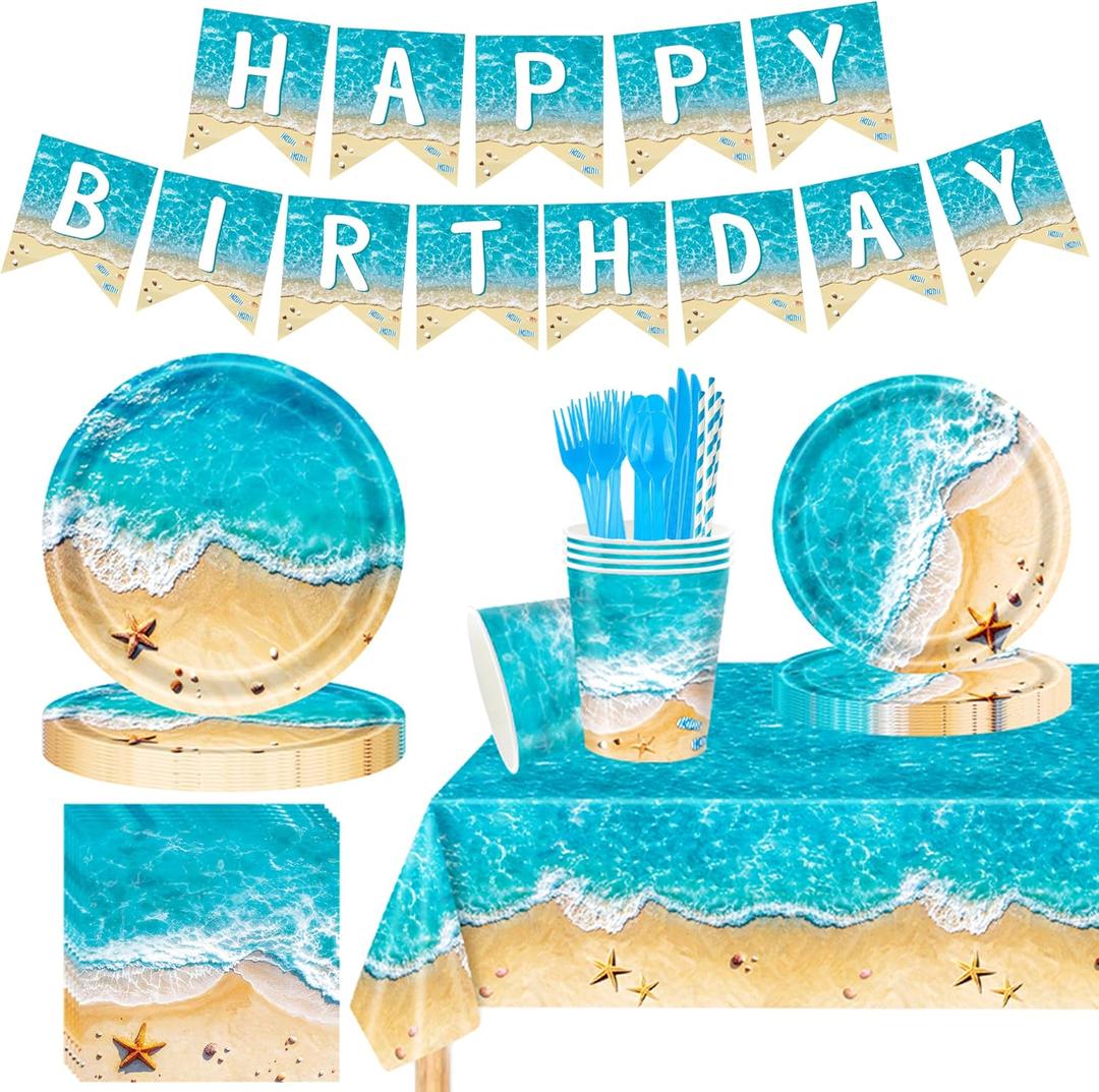 Beach Party Decorations for 24 Guests 194 PCS Beach Birthday Party Supplies with Plates, Cups, Napkins, Cutlery, Tablecloth & Happy Birthday Banner, Summer Beach Theme Party Decor
