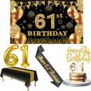 61st Birthday Decorations Men Women with 61st Birthday Banner, Black and Gold Table Cloth, Number Balloons, Large Sash, Cake Topper and Candles