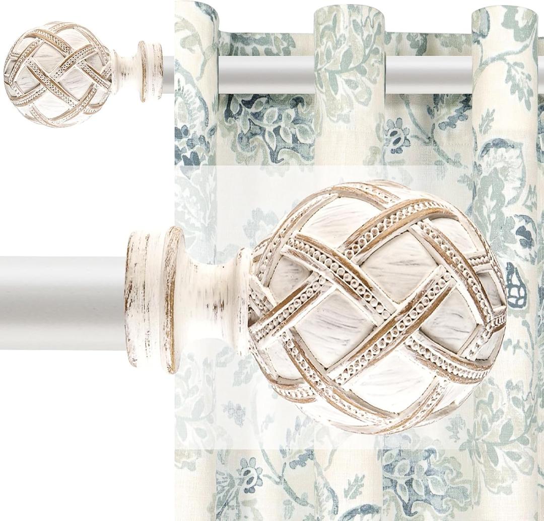 Single Curtain Rod for Windows 66 to 120 Inches(5.5-10ft): 1 inch Diameter Adjustable Curtain Rod, Heavy Duty Curtain Rod with Netted Texture Finials, Size:36-120(weathered white)