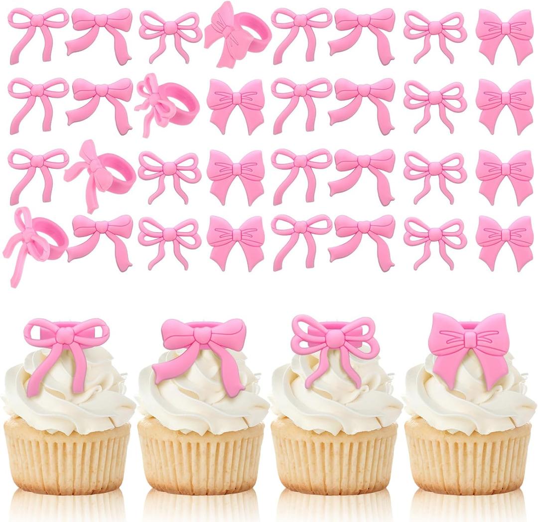 Chuangdi 48 Pieces Coquette Bow Cupcake Rings Cute Pink Bow Coquette Birthday Cake Decorations for Bachelorette Bridal Engagement Wedding Baby Shower Girl Theme Party Decor, 4 Styles