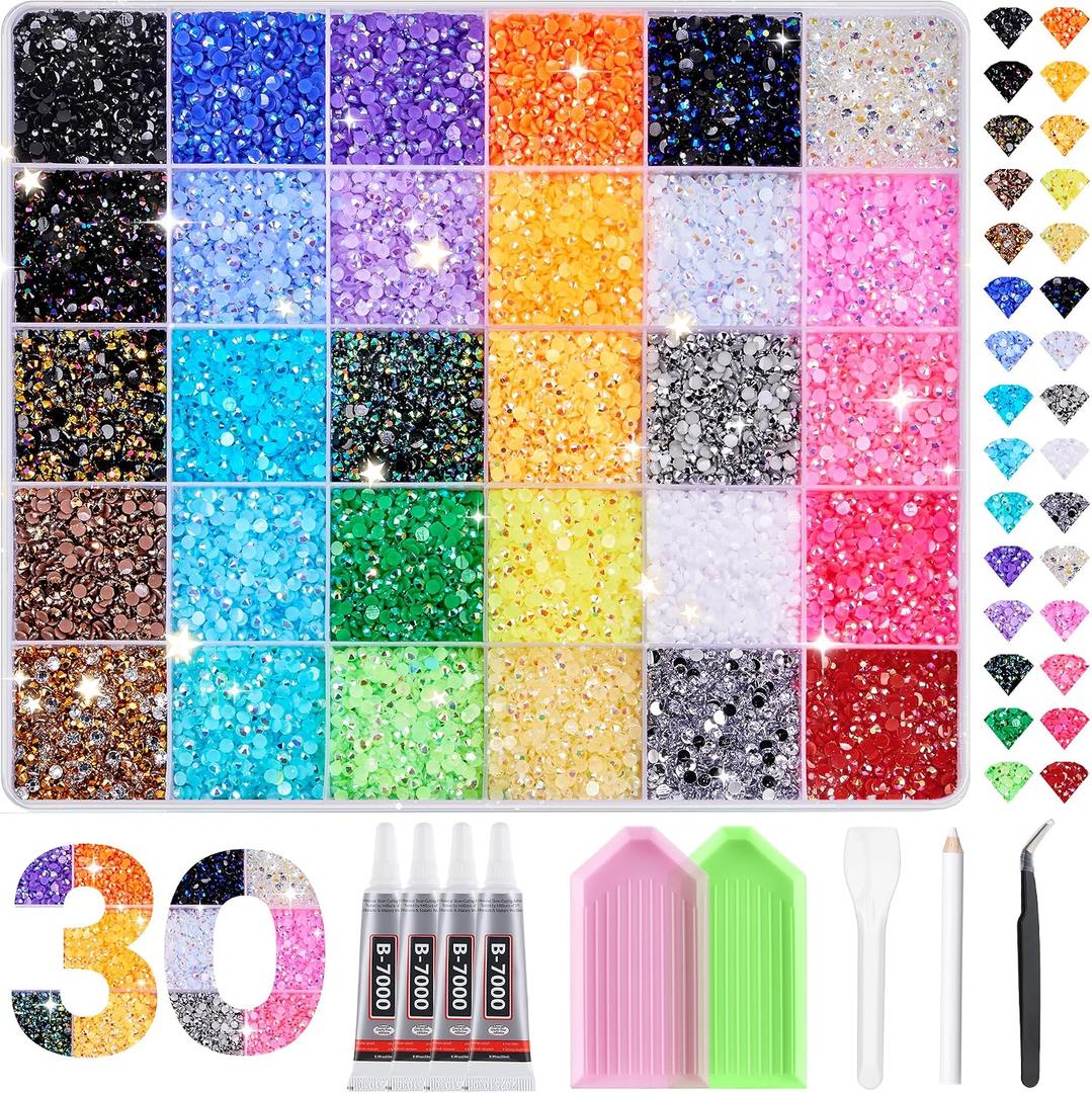 50000 Pcs 30 Colors Bedazzling kit, Resin Jelly Rhinestones Kit, 3mm Flatback Rhinestones with 4 Pcs B7000 Jewelry Glue & Tools, All-in-One Resin Jelly Rhinestones for DIY Arts & Crafts Gifts