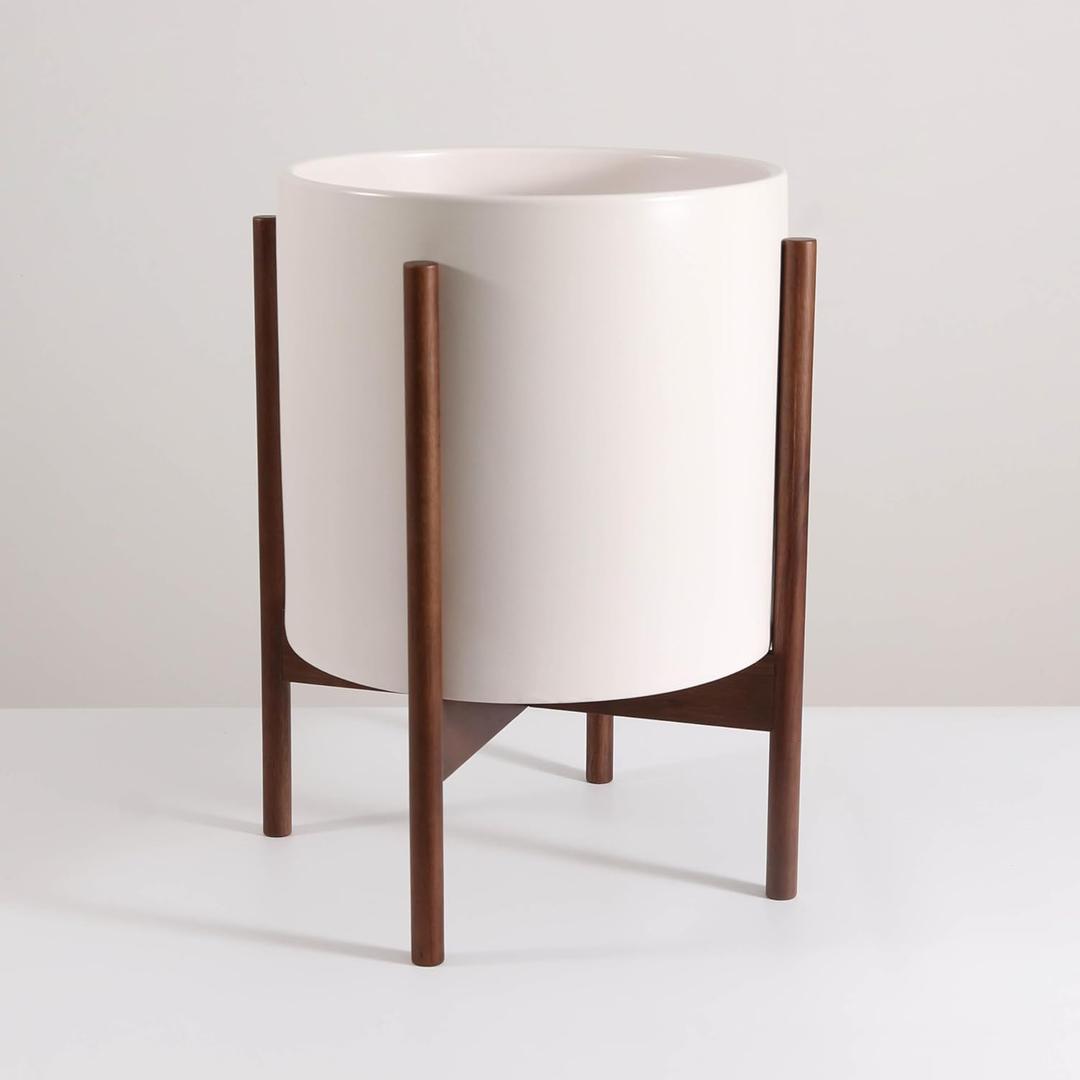 Mid Century Pot with Walnut Wood Stand - 12 inch Indoor Large Ceramic Planter for Plants, Flower, Small Tree with Drainage - Modern Wood Pots Holder - Walnut Wooden Legs - White