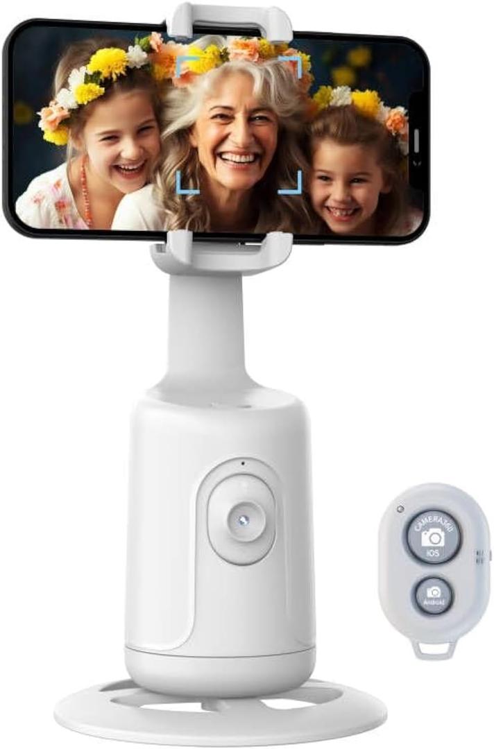 Auto Tracking Phone Holder,360 Rotation Phones Camera Mount Smart Shooting Phone Tracking Holder with Remote Selfie Stick for iPhone Android Stabilizer Shooting Live,No App,Rechargeable (White)