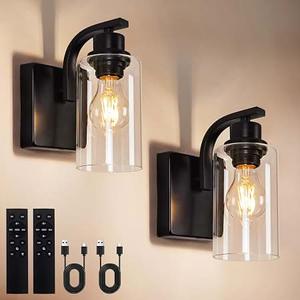 KwatTsz Set of 2 Wall Sconces for Bathroom with Remote, Modern Vanity Lights with Clear Glass Shade, Bedside Wall Lamps with Rotary Switch, LED Wall Lights Indoor for Mirror Living Room Hallway
