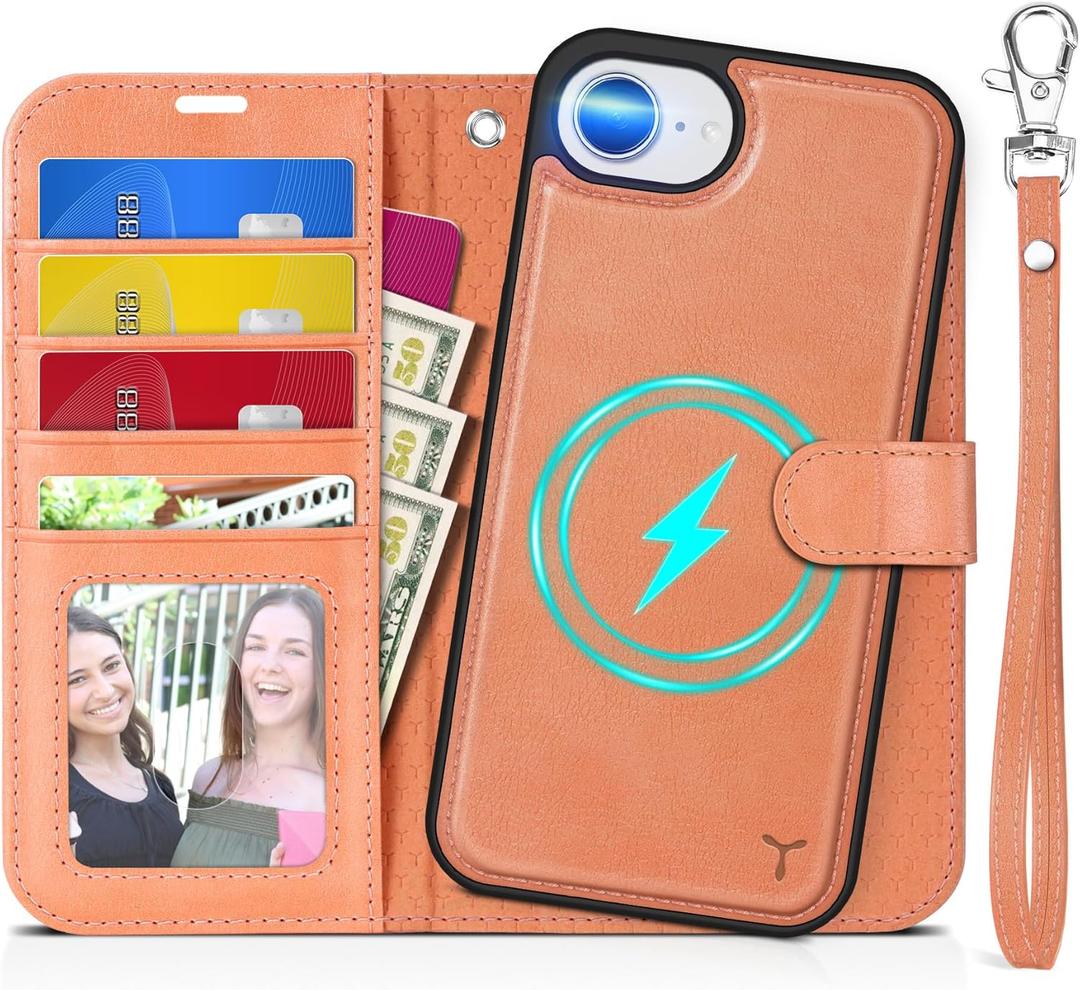 TUCCH Case Wallet for iPhone 16e, [Detachable] 2 in 1 Magnetic PU Leather [Wrist Strap] RFID Blocking [Wireless Charging] 4 Card Slot Kickstand Removable Shockproof Cover for iPhone 16e, Pink (Textured Peachy Pink)