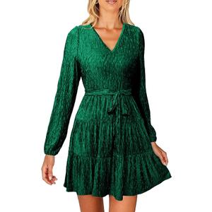 Bacrelax Simplee Womens Velvet Long Sleeve V Neck Fall Dress Tiered Flowy Mini Cocktail Dress Winter Casual Short Dresses 2025 Size L
