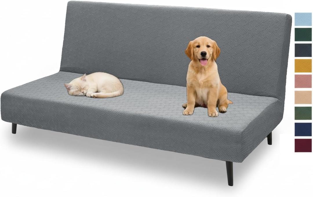 XINEAGE 2026 New Futon Cover Full Size Stretch Armless Sofa Bed Cover Anti-Slip Furniture Protector Without Armrests Futon Slipcover with Elastic Bottom (67"-82", Light Gray)