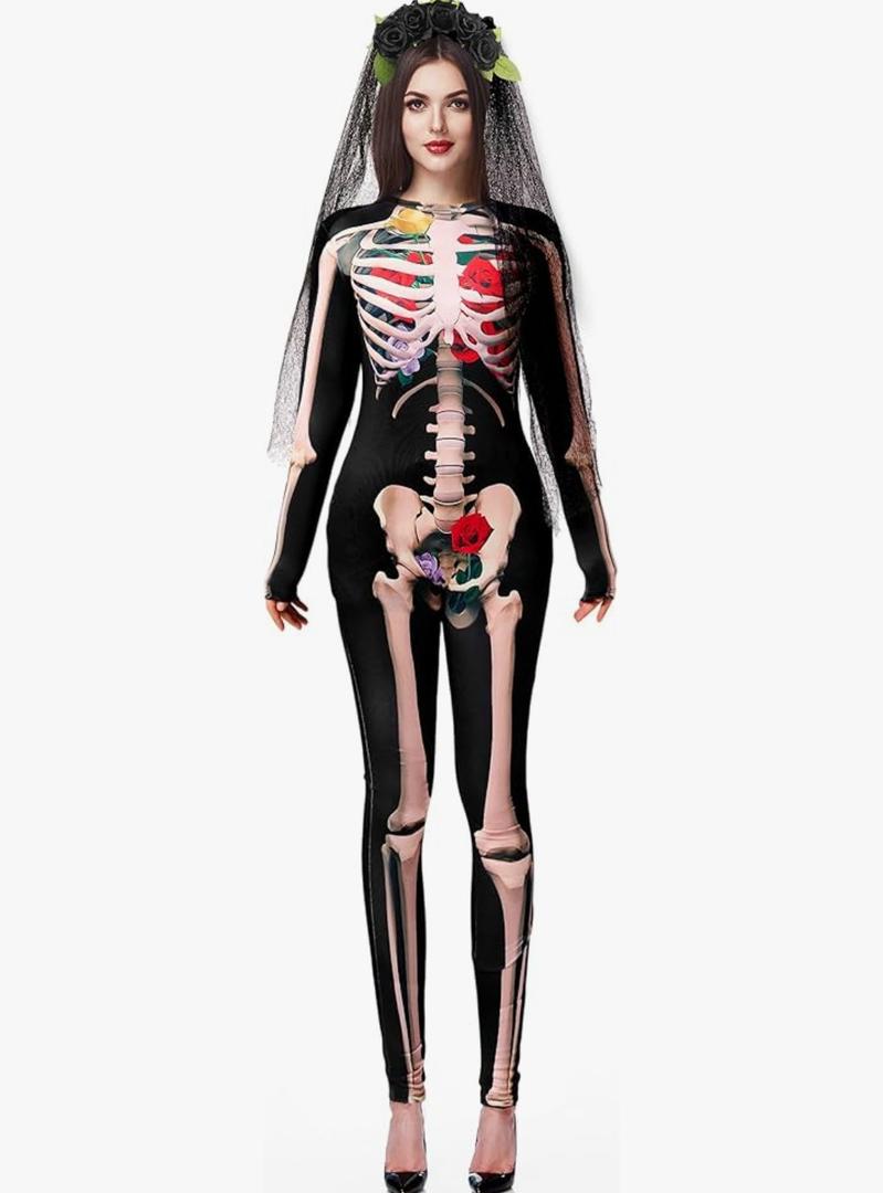 Xtinmee 2 Pcs Women's Day of the Dead Costume with Veil Headband Halloween 3D Skeleton Costume Set for Cosplay Party L