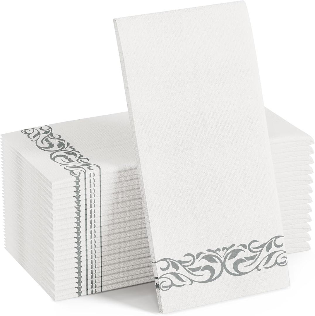 FOCUSLINE 100 Linen Feel Bathroom Napkins, Soft and Absorbent Disposable Guest Towels, Cloth-Like Paper Hand Towels Decorative Napkins for Dinners, Parties, Weddings or Events, Silver, 12" x 17"