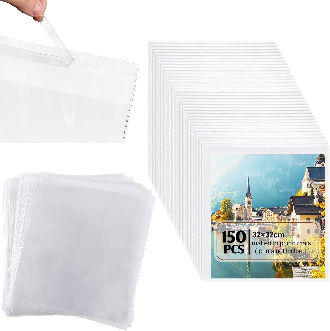 150 Pcs 12 x 12 Inch Clear Cellophane Plastic Bags Self Adhesive Cello Bag Scrapbook Paper Cardstock Organizer Clear Resealable Sleeves for Art Cloth Invitation Card Photo Record Party Favor Gift