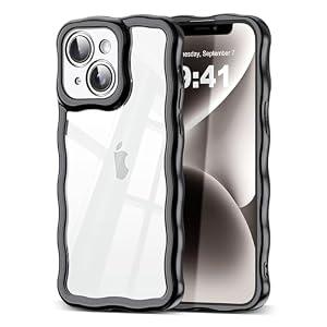 SKYLMW Compatible with iPhone 15 Case, Kawaii Cute Curly Wave Frame Luxury Plating Edge, Stylish Glossy Clear Back, Soft TPU Shockproof Protective Cases for iPhone 15, Black