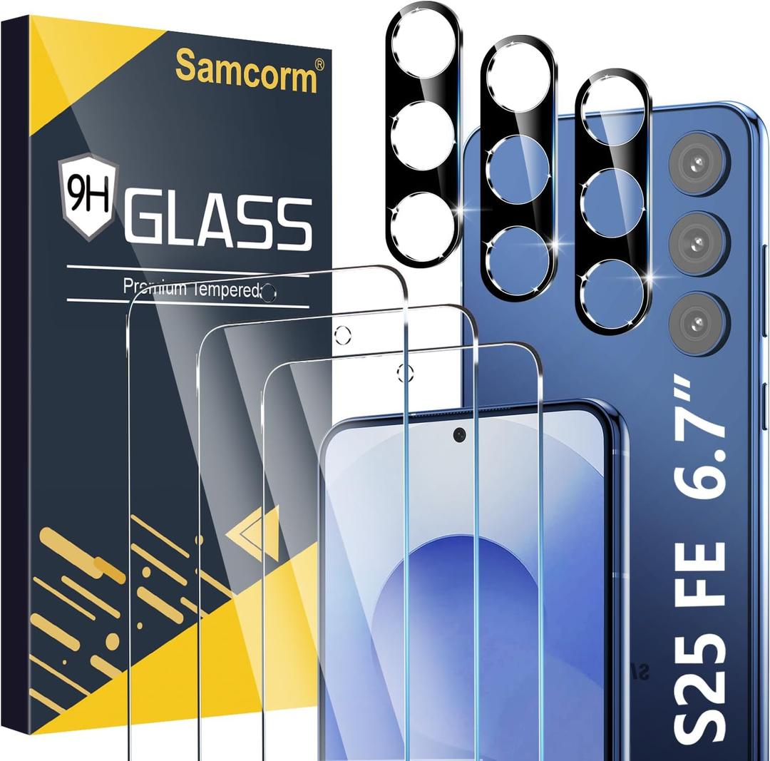 [3+3 Pack] Pack Galaxy S25 FE Screen Protector, HD Clear Tempered Glass, Fingerprint Unlock, 3D Curved, Scratch Resistant, No Bubble for Samsung Galaxy S25 FE 5G Glass Screen Protector
