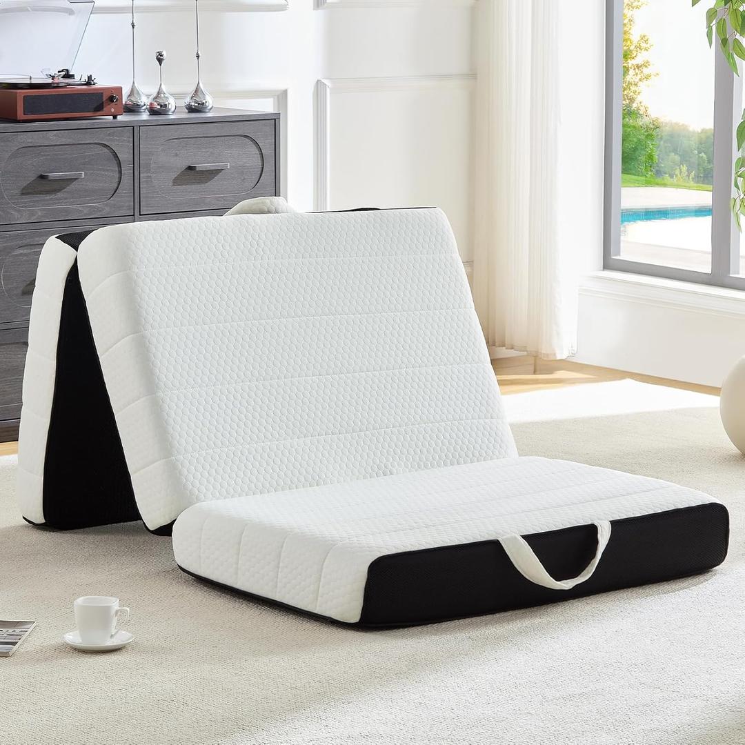 ROXGOX Foldable Mattress, Twin Tri-Fold Memory Foam Mattress Topper with Washable Cover, Handle & Non-Slip Bottom, 6 Inch Portable Folding Bed for Guest, Yoga, Living Room, Camping - 75"x38"x6"