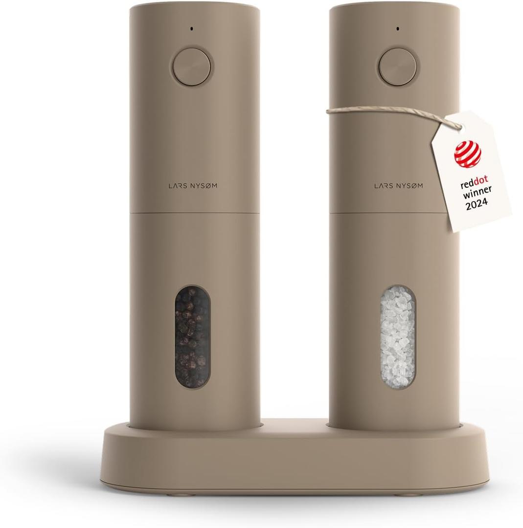 LARS NYSM Electric Salt and Pepper Grinder Set I Automatic Salt and Pepper Mills with Adjustable Ceramic Grinder I USB Rechargeable Electric Spice Mill Set (Taupe Brown)