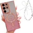 Designed for Samsung S25 Ultra Case Magnetic Glitter with Wrist Strip Compatible with MagSafe, Luxury Plating Heart Shockproof Protection Phone Case Clear Cover for Women Girls - Pink