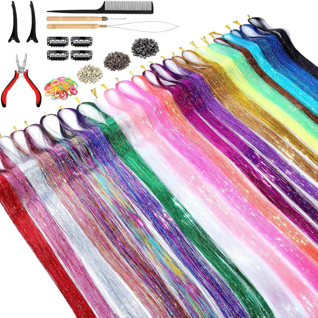 Hair Tinsel Kit (48 Inch, 24 Colors, 6000 Strands), Tinsel Hair Extensions with Tools, Heat Resistant Glitter Hair Tinsel Kit for Women Hair Accessories