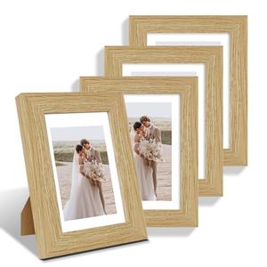 Hongkee 5x7 Picture Frame Set of 4, Made of Real Glass and Natural Oak Wooden Frame, 5 by 7 Photo for Wall or Tabletop - Display Picture 4x6 with Mat or 5x7 Without Mat