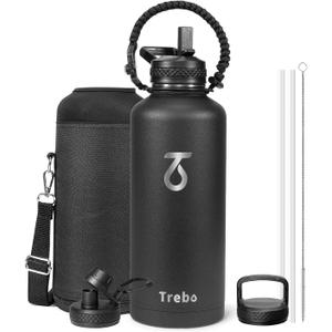 Trebo Water Bottle 87 oz with Paracord Handle, Double Wall Vacuum Stainless Steel Insulated Water Jug (Keep Cold 48hrs),Leakproof Flask Thermos For Hot Drinks with Straw Spout Lids, Black