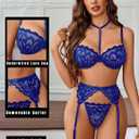 Avidlove Lingerie Sets Women Sexy Bra And Panty Sets 3 PCs With Garter Belt (Blue)