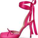 Vertindy Women's Satin Ballet Heels, Rose Red Lace Up Square Toe Stiletto High Bow Ballerina Heels, Size: 10