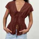SHENHE Women's Dressy Casual Peplum Blouse Pleated Cinched Waist Short Sleeve Blouse Top, Burgundy (M)