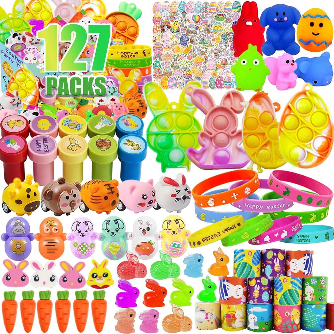 127Pcs Easter Egg Fillers, Easter Party Favors, Easter Egg Stuffers, Easter Basket Stuffers for Kids Girls Boys, Easter Gifts, Easter Toys, Treasure Box Toys, Classroom Prizes, Goodie Bags Stuffers