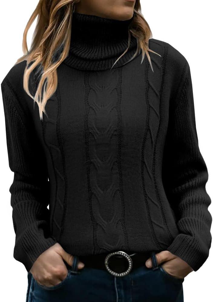 Womens Cable Knit Turtleneck Sweaters 2025 Winter Warm Long Sleeve Pullover Casual Tops (Small, Black)