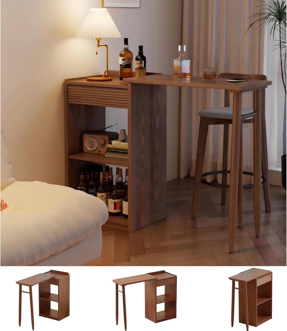 Solid Wood Counter Height Table - Modern Coffee Bar Table with Rotating Top, Extendable Breakfast Bar Table with Open Shelving for Small Spaces Apartment Living Room