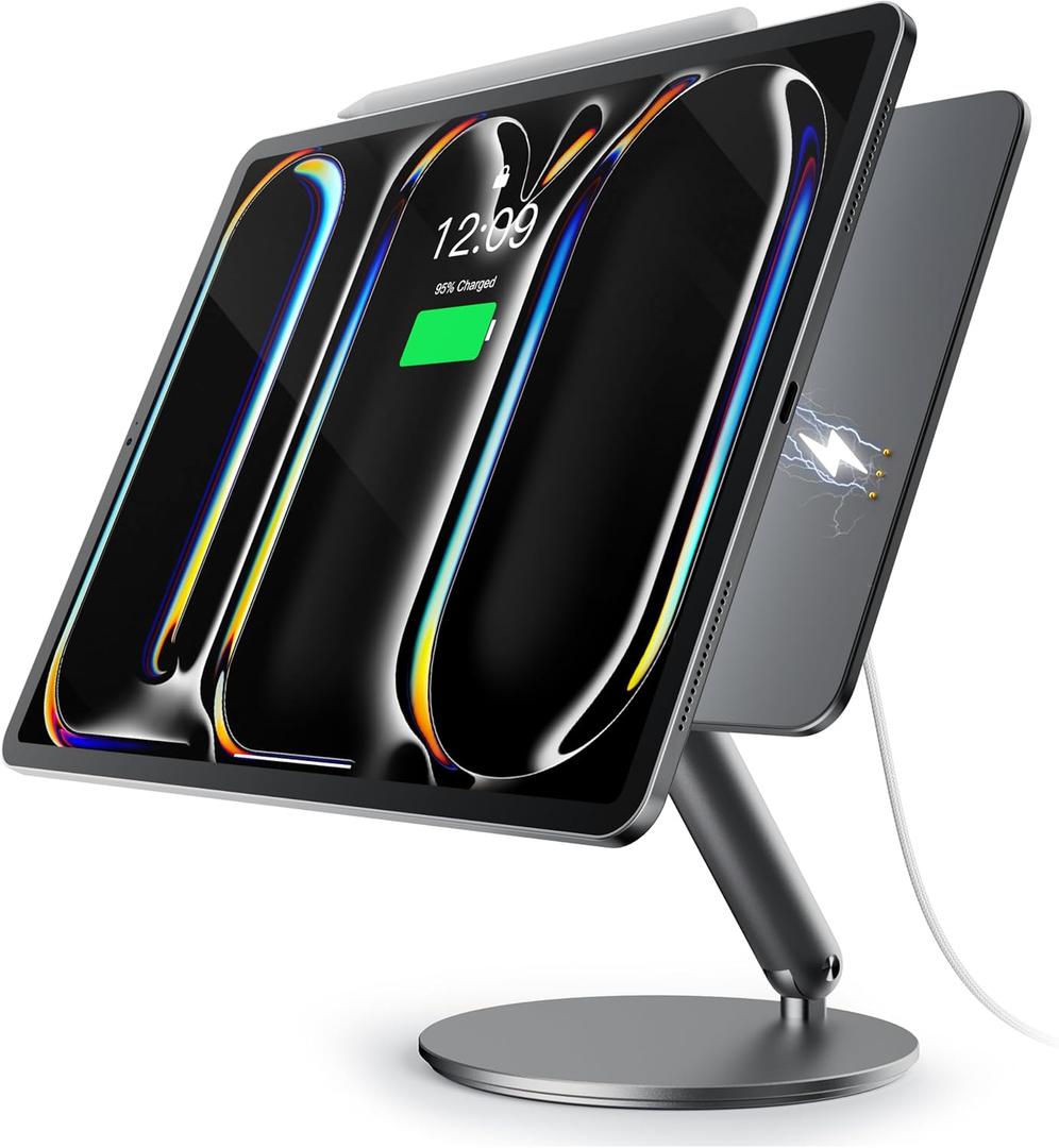 LULULOOK [Upgrade 360 Rotating Magnetic Wireless Charging Stand for iPad Pro 13'' M5/M4, Aluminum Alloy Foldable Holder for iPad Tablet with 1M USB-C Cable