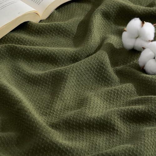 Bedsure 100% Cotton Blanket King Size for Bed - Breathable and Lightweight, Soft Cozy Textured Herringbone Woven Blanket for Summer, Olive Green, 108x90 inches